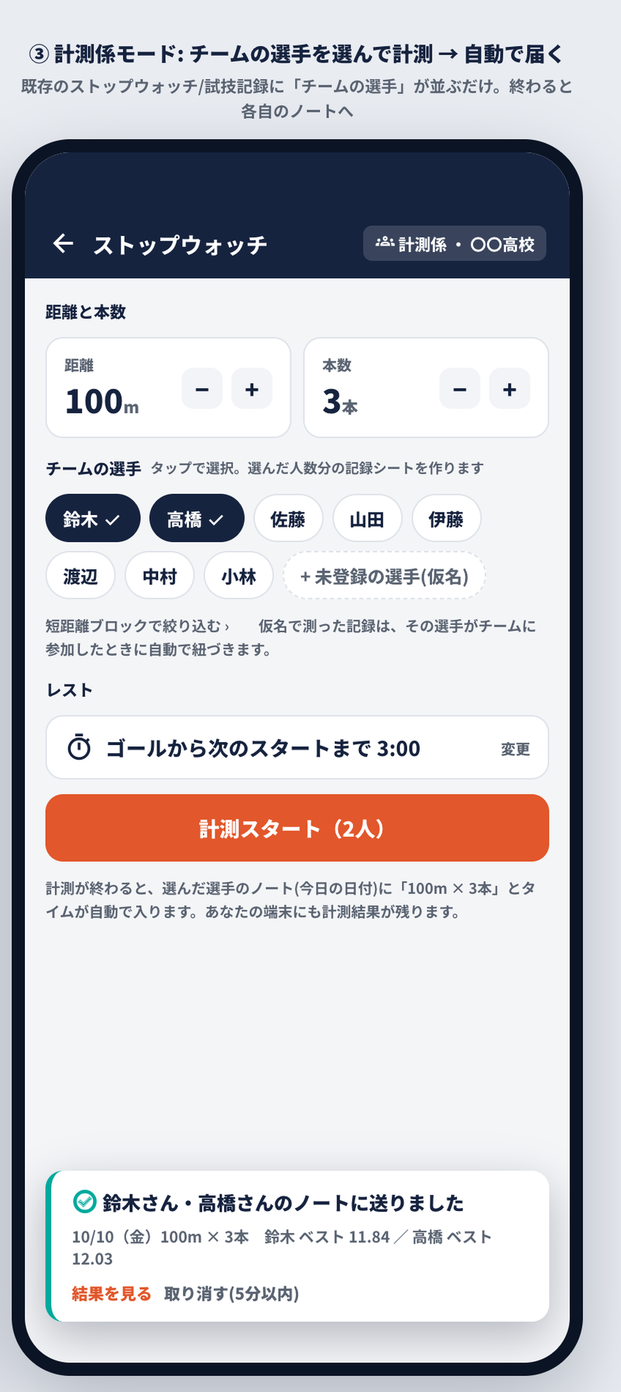 計測係が記録、選手に自動反映