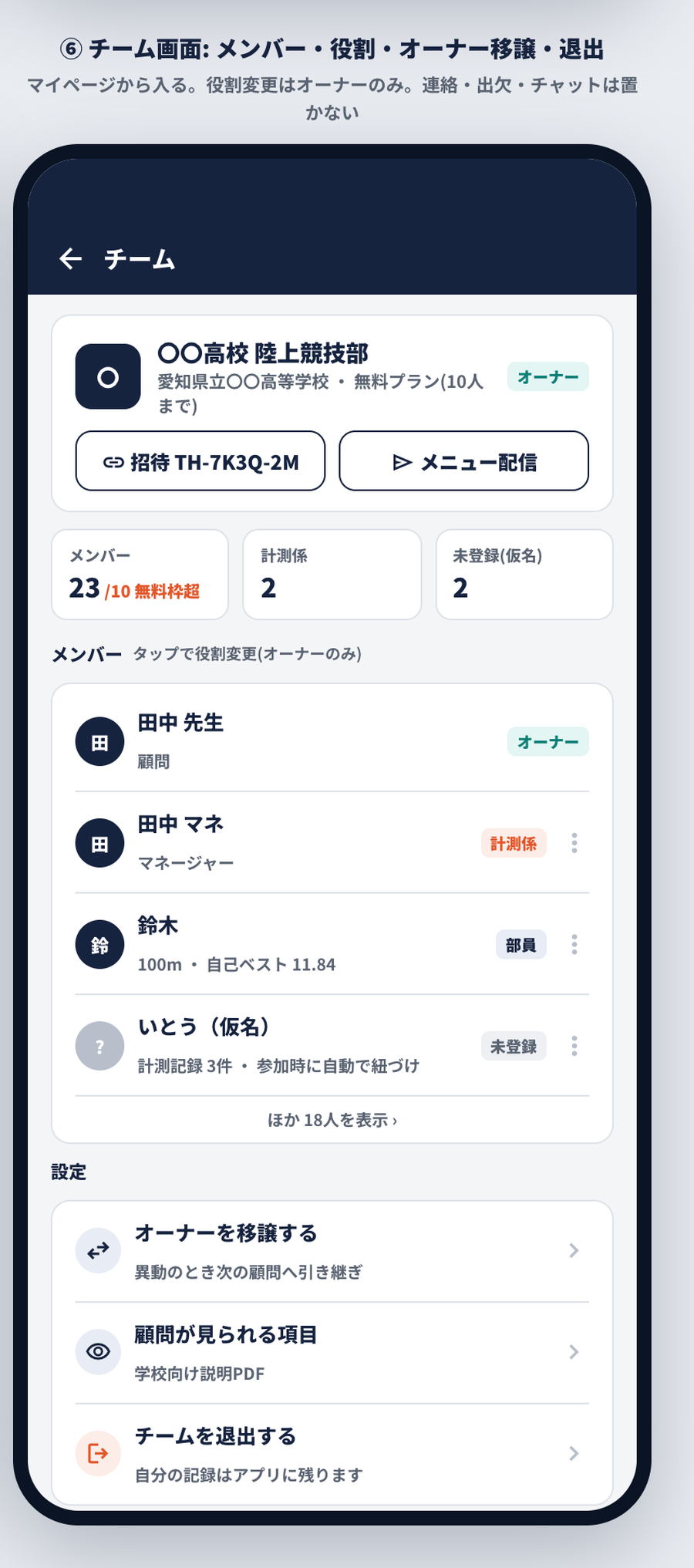 チーム画面: メンバー・役割・オーナー移譲・退出